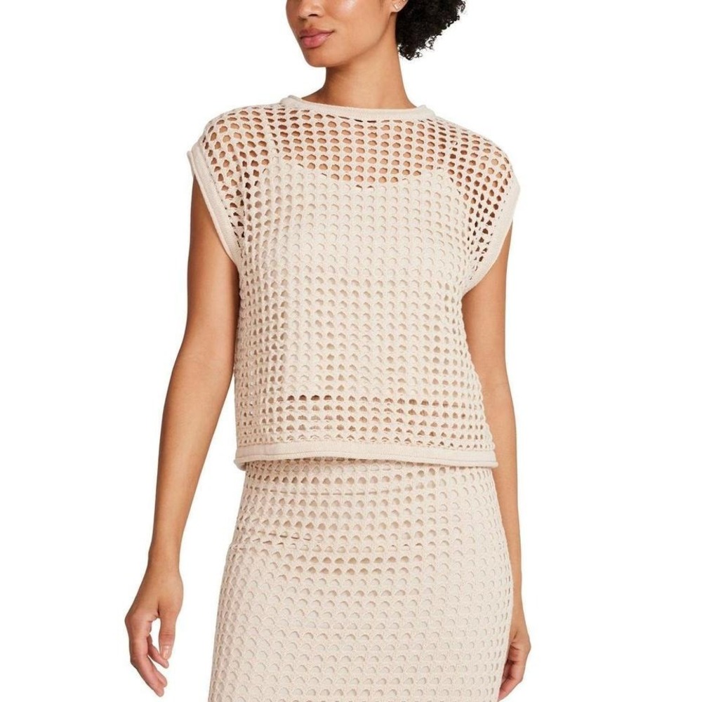Steve Madden Women's Crochet Top Open Knit Sheer Nude Neutral Boxy Top Vacation